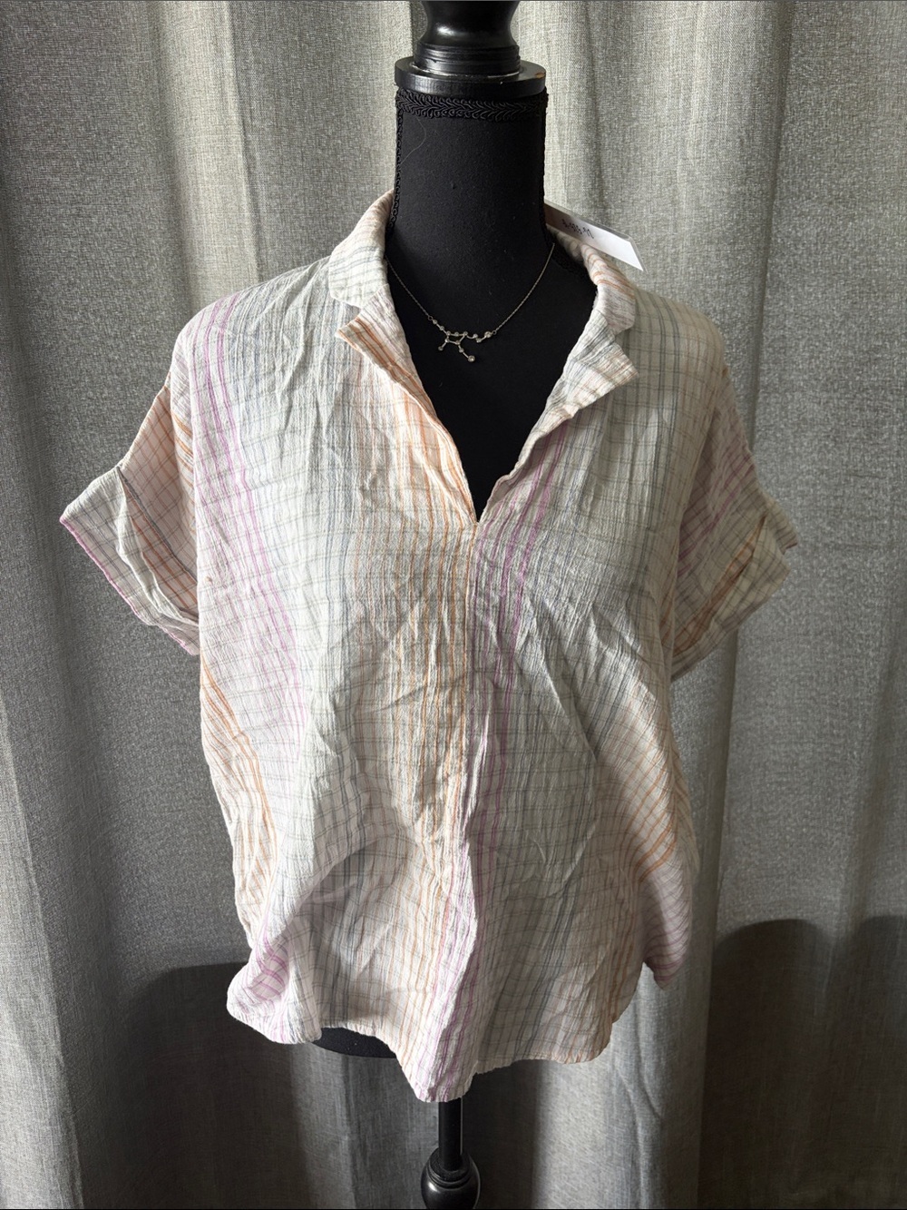 Madewell Ivory Button-Front Short Sleeve Top with Pastel Stripes